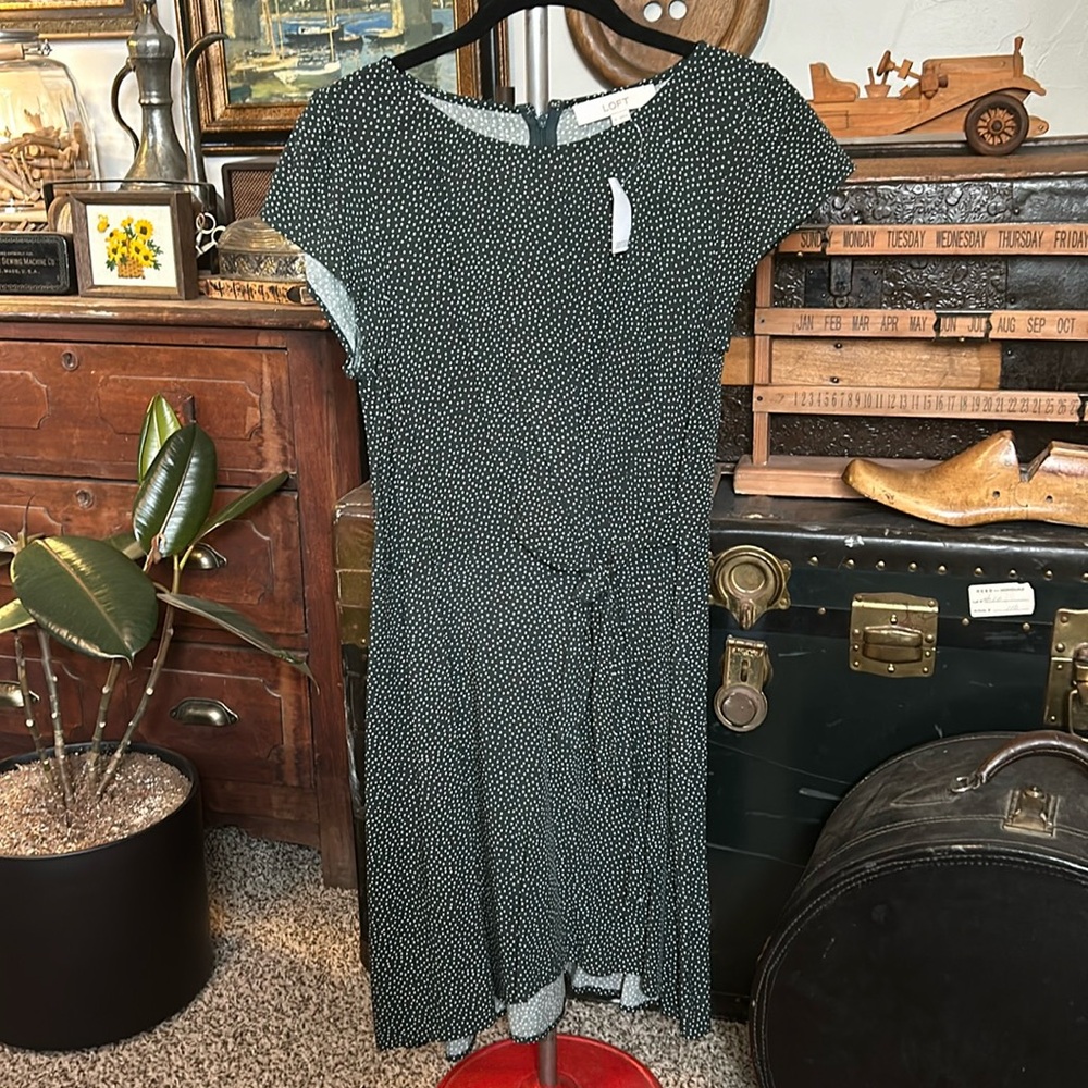 NWT LOFT Green Polka Dot Faux Wrap Dress